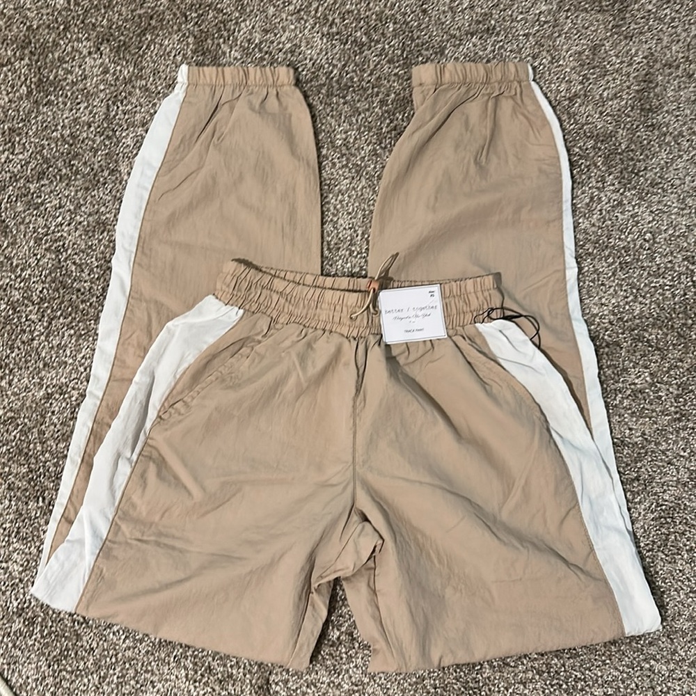 Tan and White Track Pants with Elastic Waistband and Side Stripes
